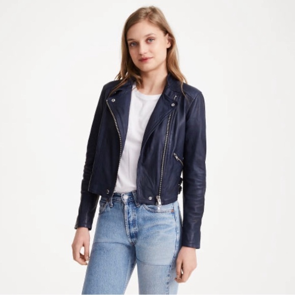NWOT Club Monaco Collection Rowlen Zip-Front Lamb Leather Moto Jacket Blue Small - Picture 1 of 6